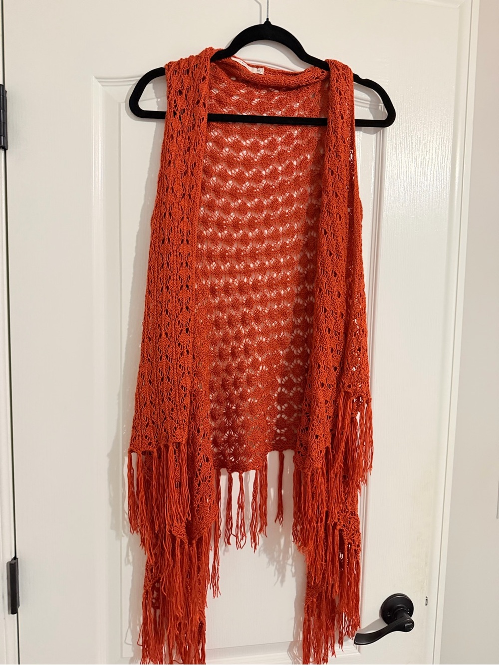 entro Orange Crochet Fringe Vest